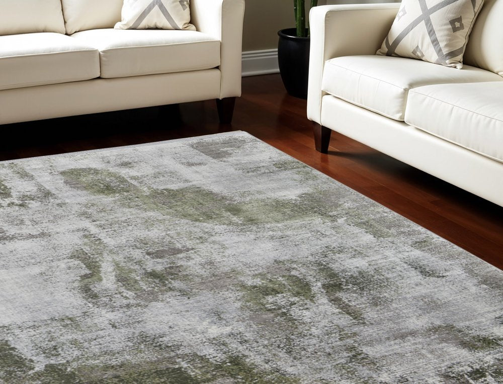 3' X 5' Gray Silver and Green Ikat Power Loom Area Rug With Fringe