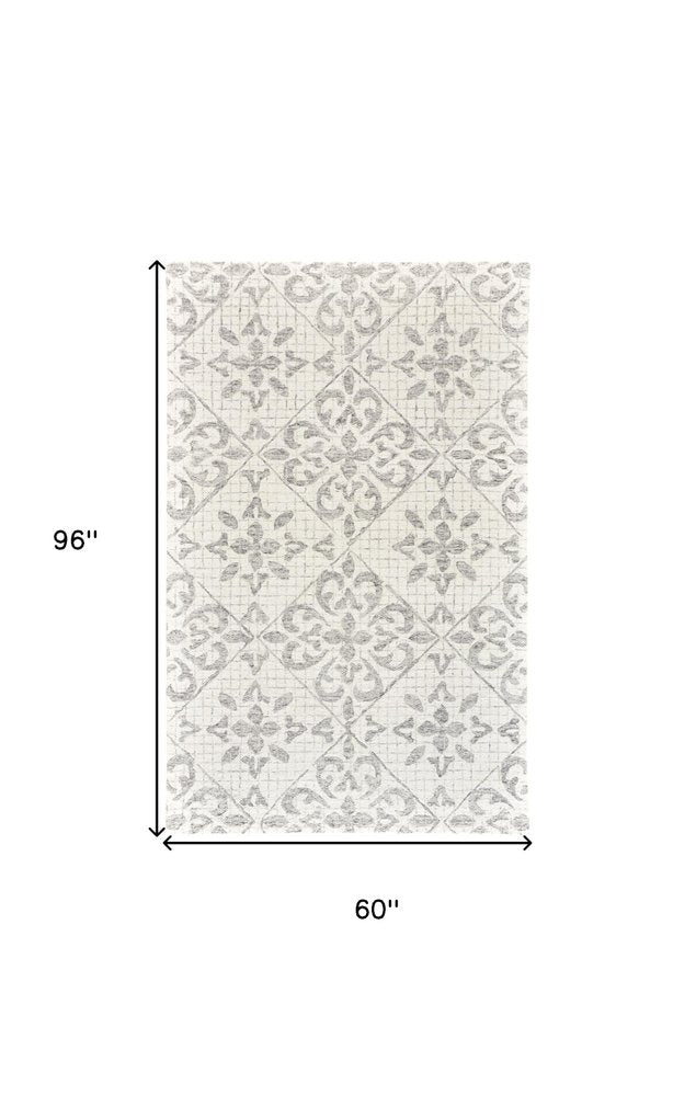 8' X 10' Ivory and Gray Wool Floral Hand Tufted Area Rug