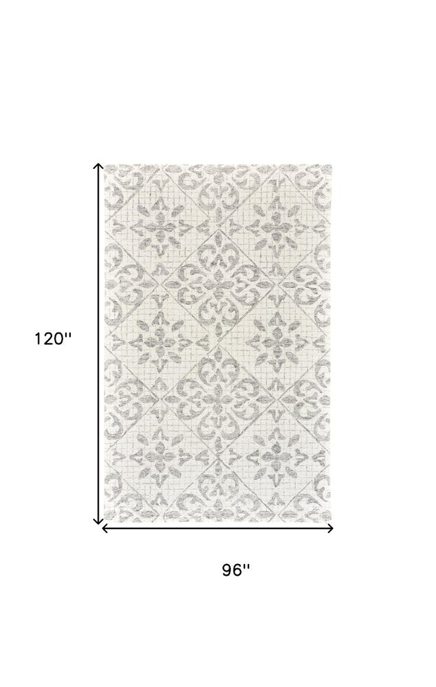 8' X 10' Ivory and Gray Wool Floral Hand Tufted Area Rug