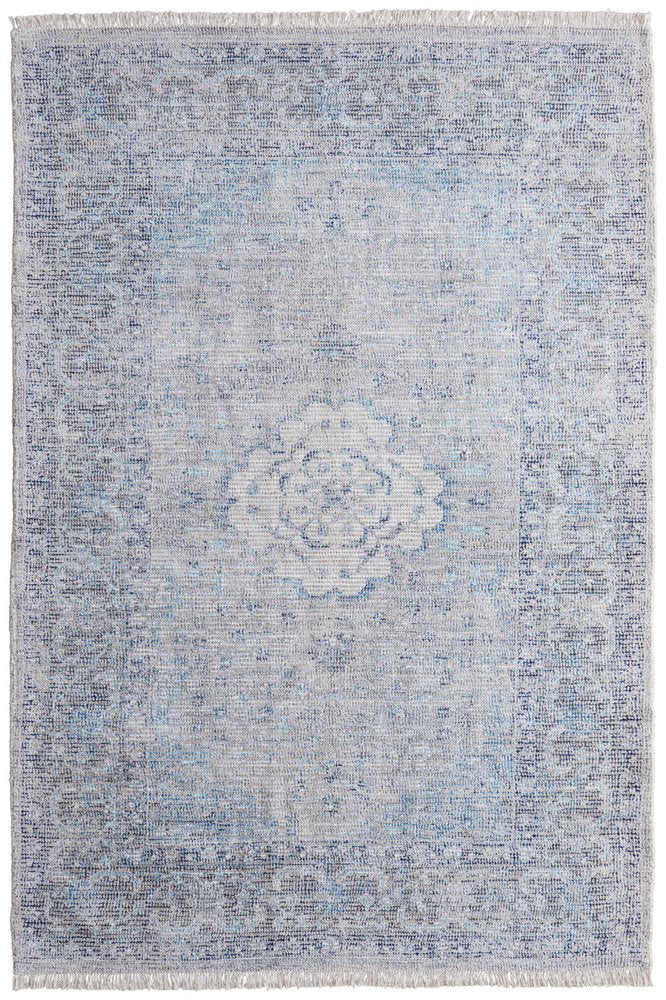 5' X 8' Gray Blue and Ivory Oriental Hand Woven Distressed Area Rug With Fringe