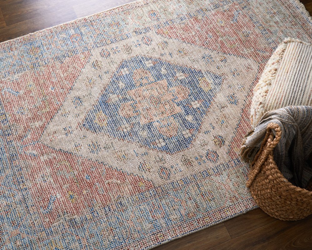 9' X 12' Red Blue and Ivory Abstract Hand Woven Distressed Area Rug With Fringe