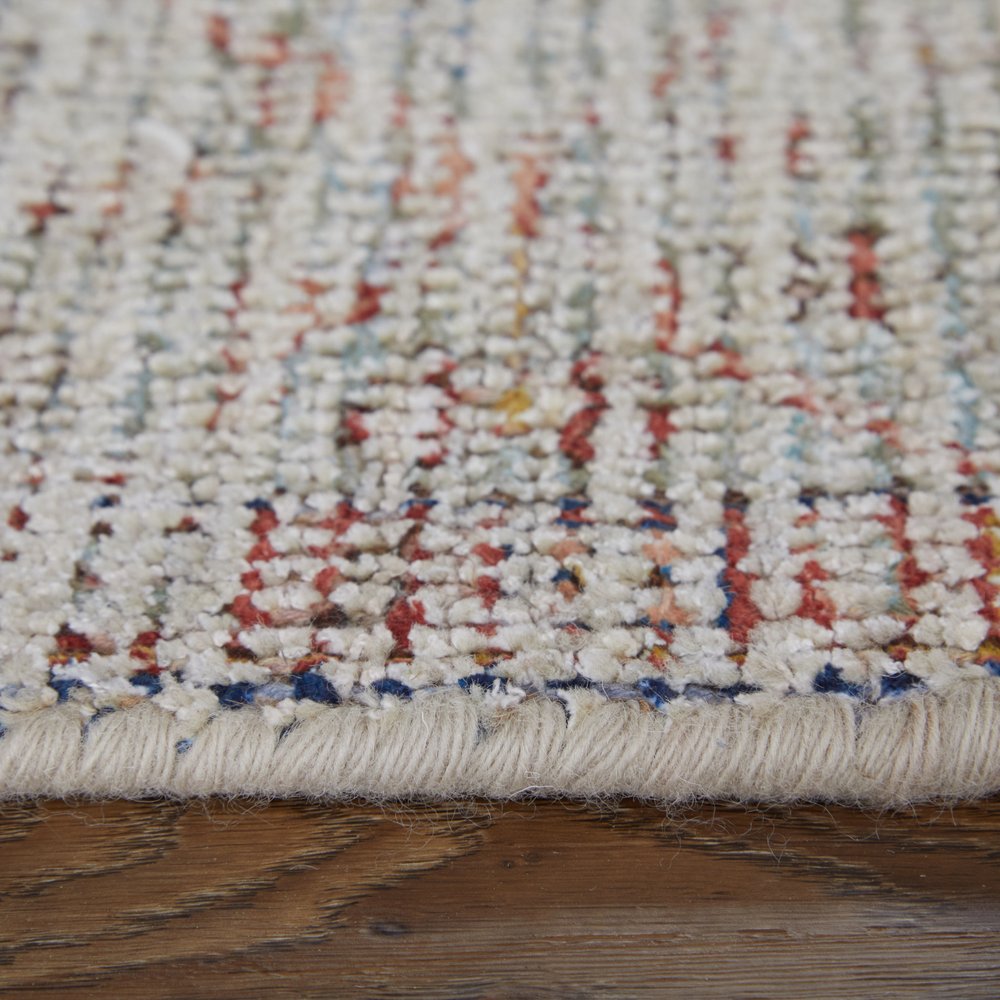 9' X 12' Red Blue and Ivory Abstract Hand Woven Distressed Area Rug With Fringe