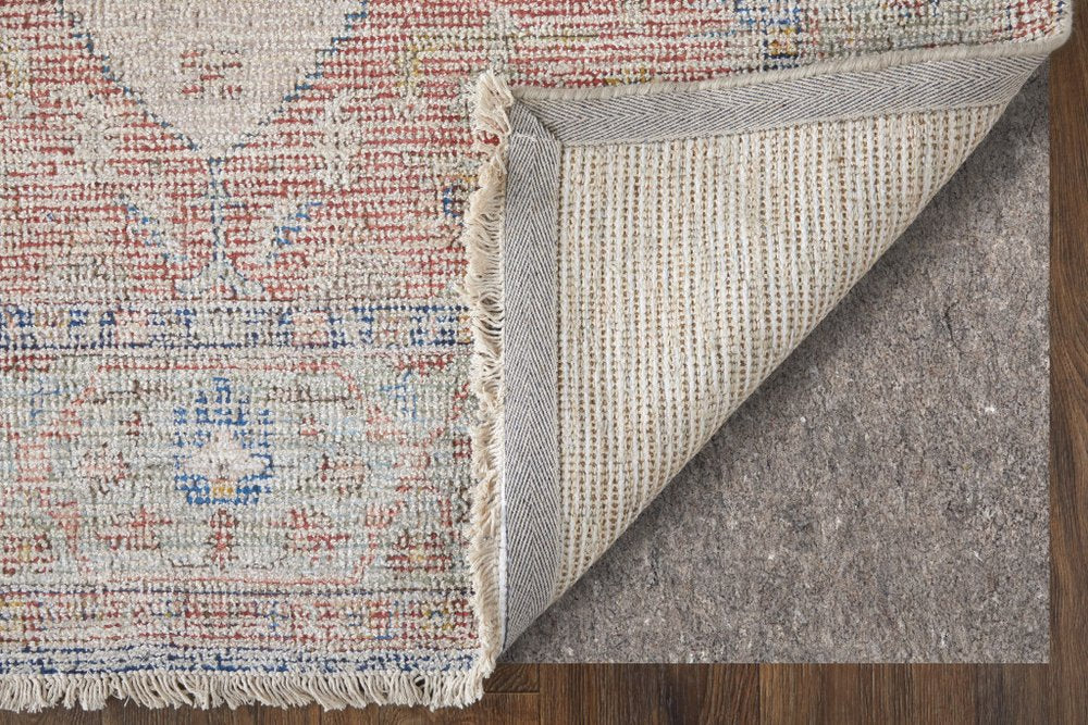9' X 12' Red Blue and Ivory Abstract Hand Woven Distressed Area Rug With Fringe