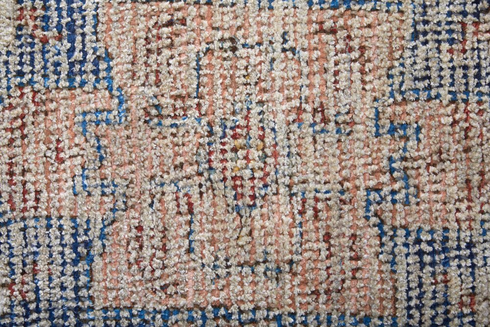 9' X 12' Red Blue and Ivory Abstract Hand Woven Distressed Area Rug With Fringe