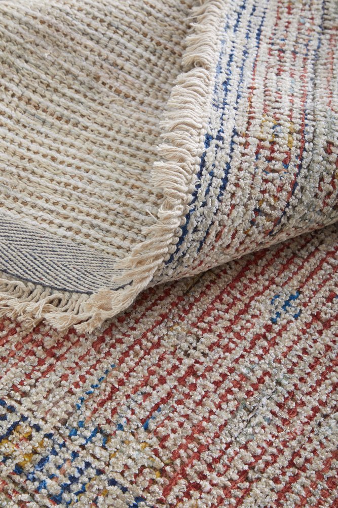 9' X 12' Red Blue and Ivory Abstract Hand Woven Distressed Area Rug With Fringe