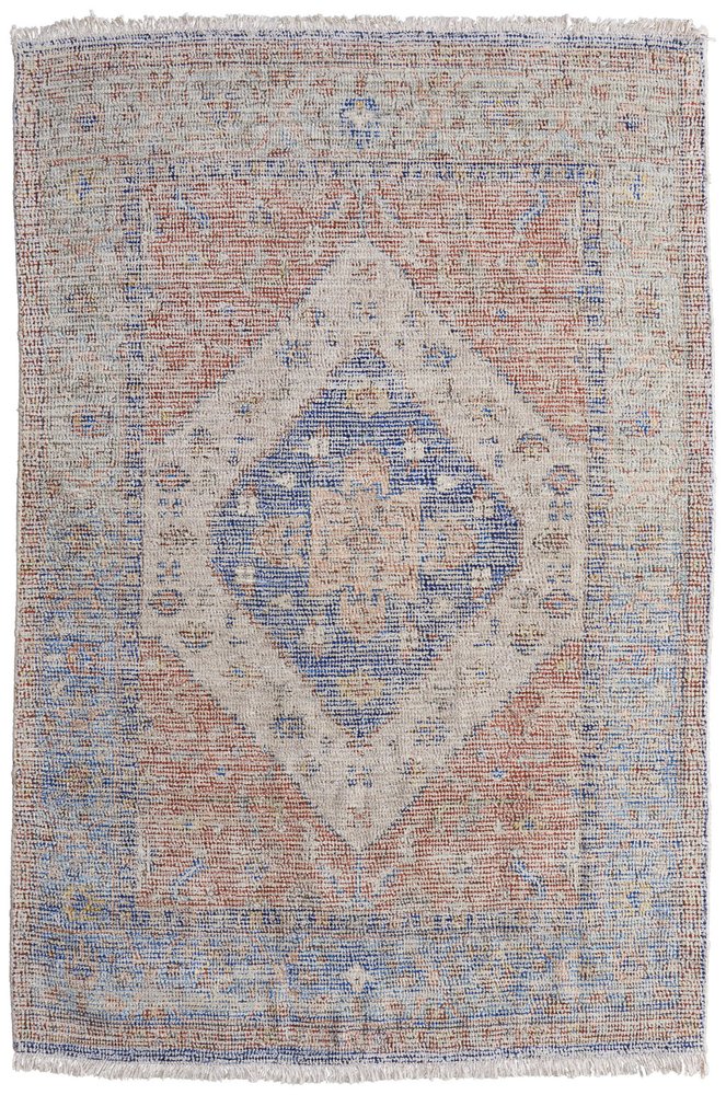 9' X 12' Red Blue and Ivory Abstract Hand Woven Distressed Area Rug With Fringe