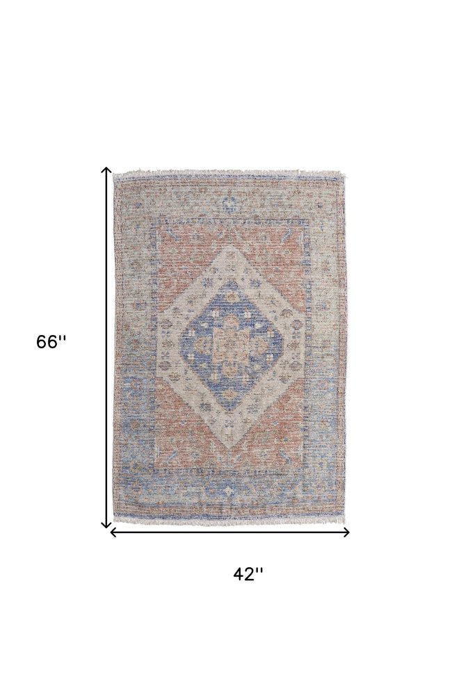 9' X 12' Red Blue and Ivory Abstract Hand Woven Distressed Area Rug With Fringe