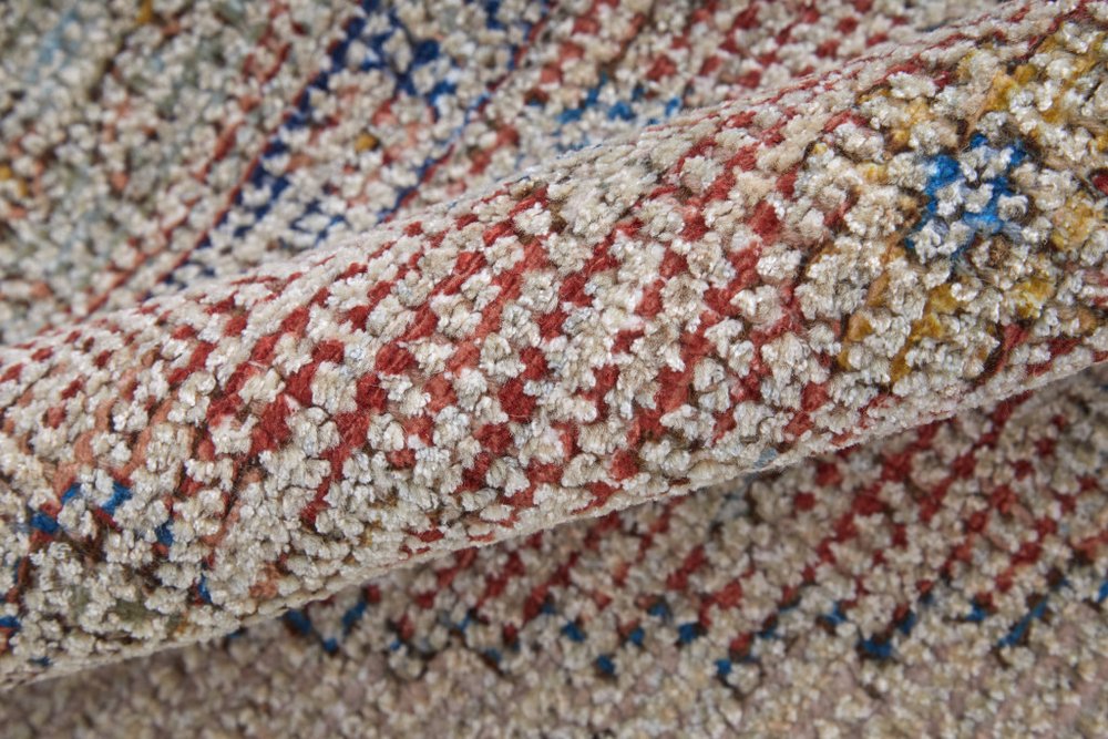 9' X 12' Red Blue and Ivory Abstract Hand Woven Distressed Area Rug With Fringe