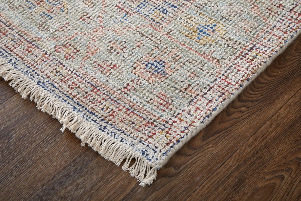 9' X 12' Red Blue and Ivory Abstract Hand Woven Distressed Area Rug With Fringe
