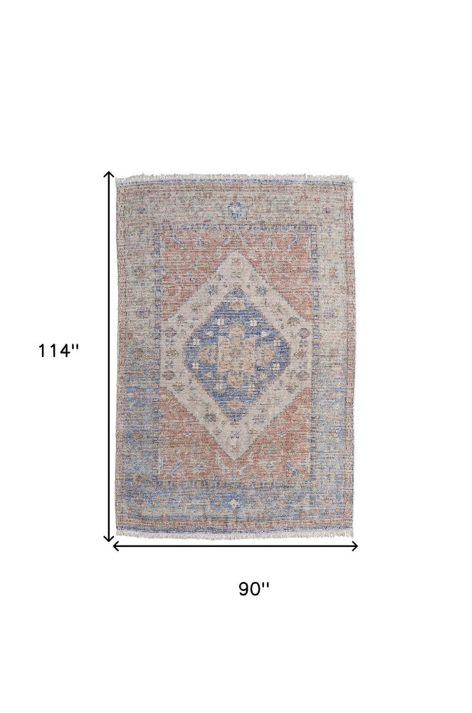 9' X 12' Red Blue and Ivory Abstract Hand Woven Distressed Area Rug With Fringe