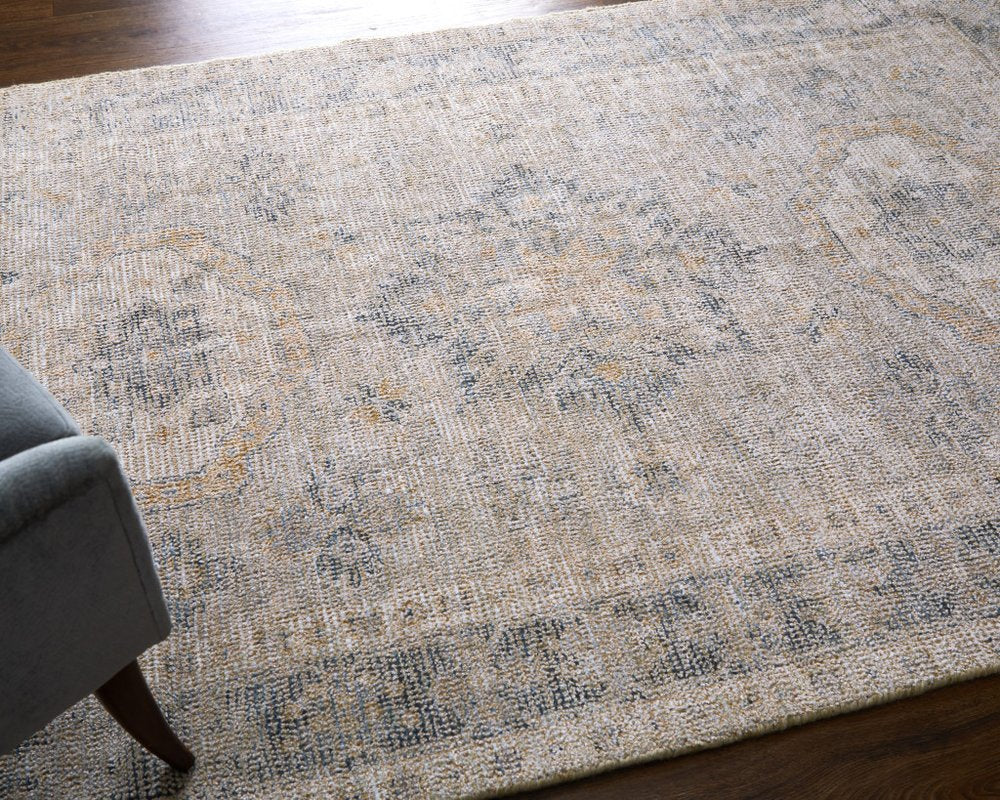 4' X 6' Tan and Gray Oriental Hand Woven Distressed Area Rug With Fringe
