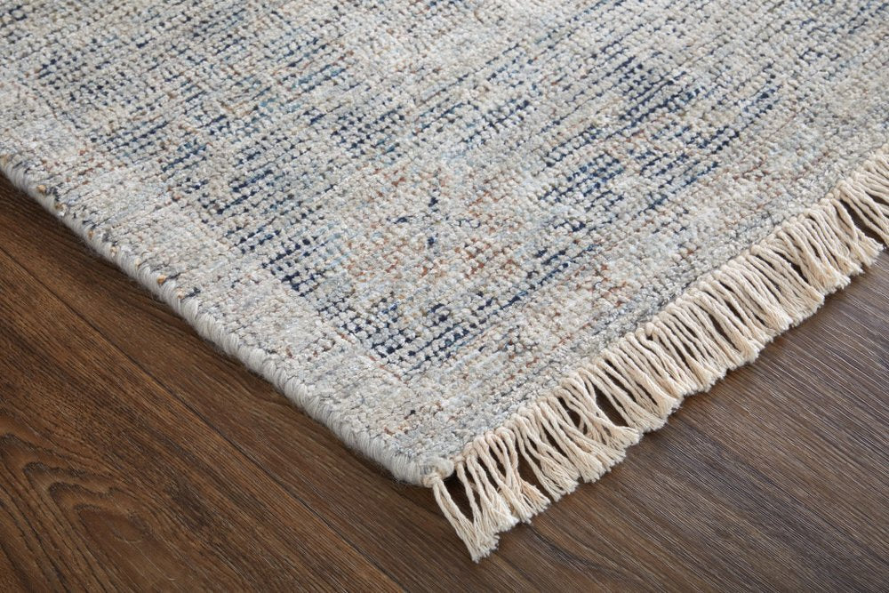 4' X 6' Gray Blue and Taupe Abstract Hand Woven Distressed Area Rug With Fringe