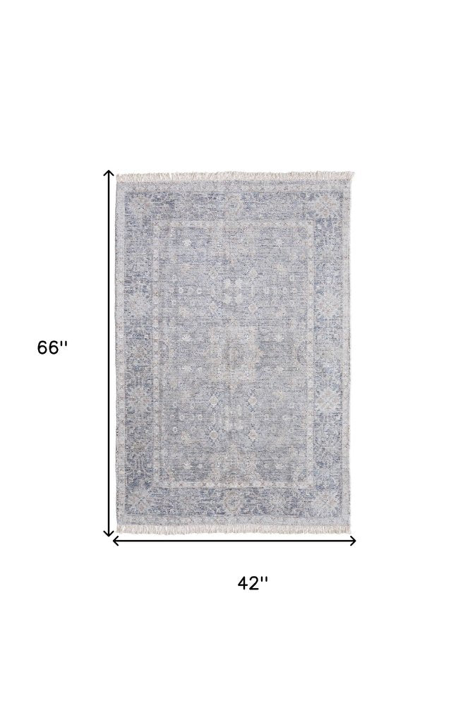 4' X 6' Gray Blue and Taupe Abstract Hand Woven Distressed Area Rug With Fringe