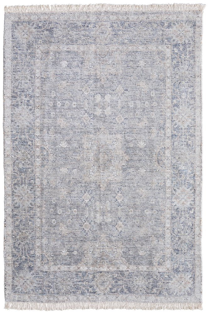 4' X 6' Gray Blue and Taupe Abstract Hand Woven Distressed Area Rug With Fringe
