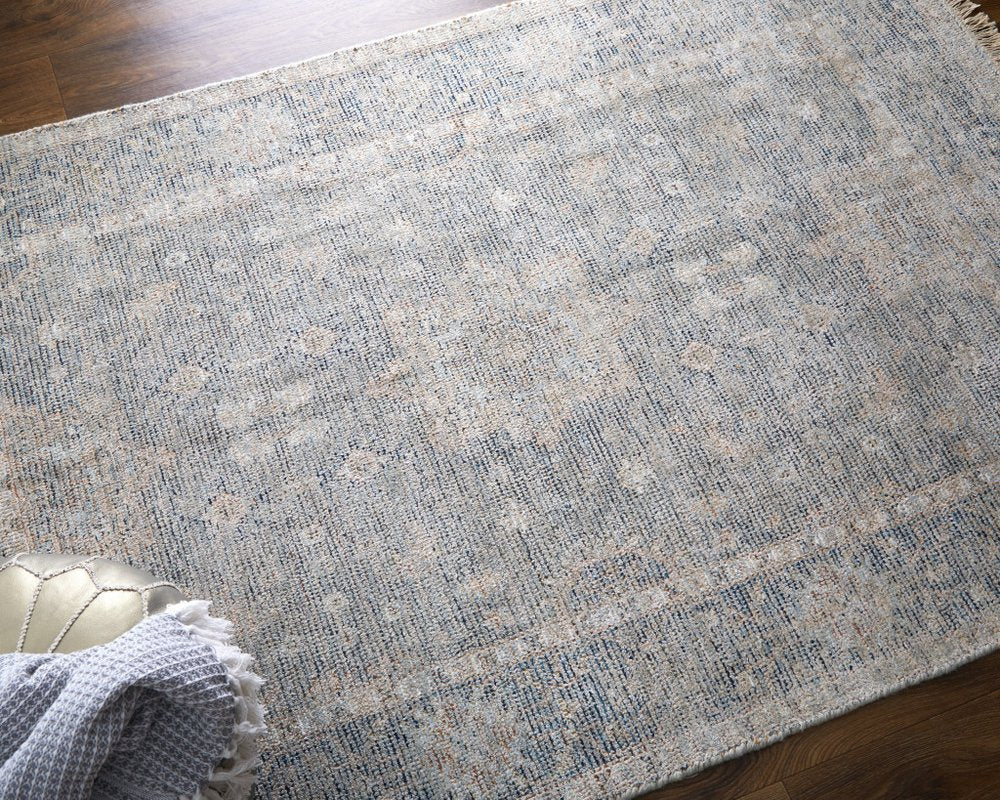 4' X 6' Gray Blue and Taupe Abstract Hand Woven Distressed Area Rug With Fringe