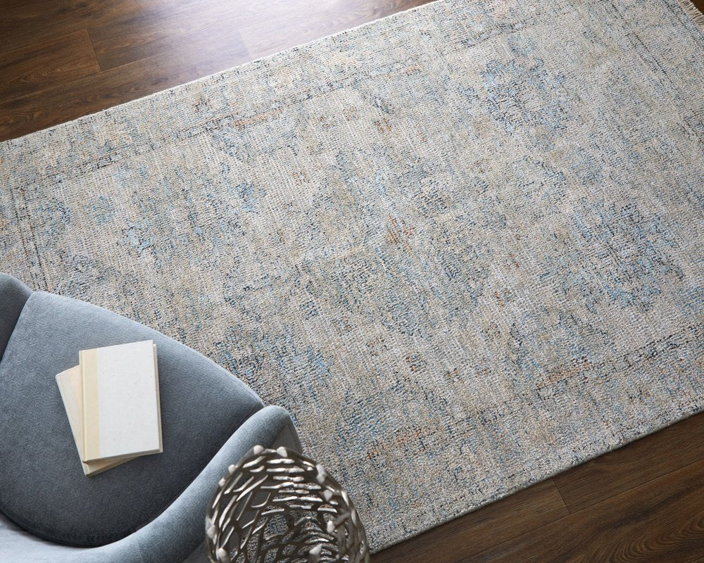 4' X 6' Gray Blue and Taupe Oriental Hand Woven Distressed Area Rug With Fringe