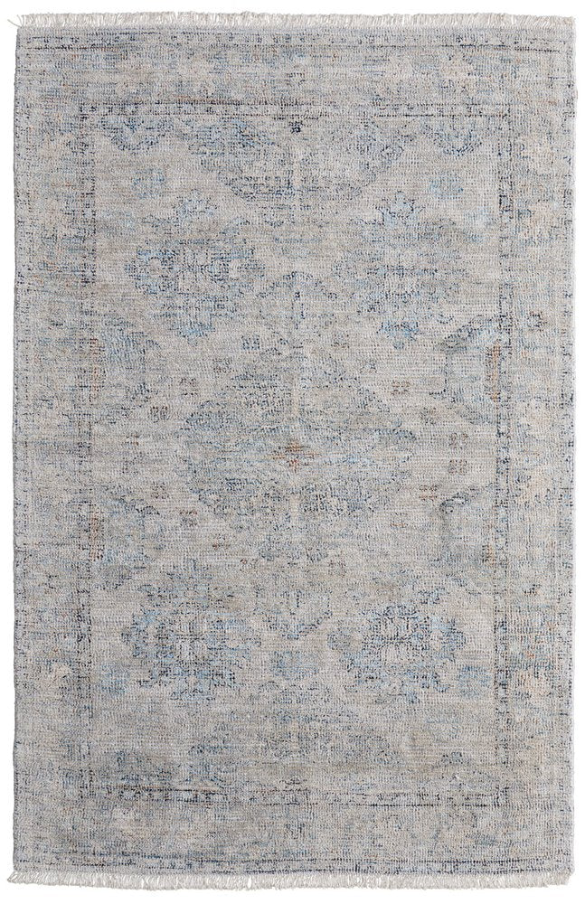 4' X 6' Gray Blue and Taupe Oriental Hand Woven Distressed Area Rug With Fringe