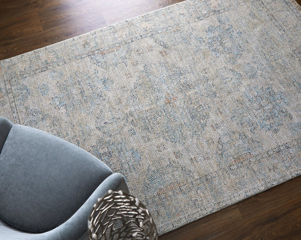 4' X 6' Gray Blue and Taupe Oriental Hand Woven Distressed Area Rug With Fringe