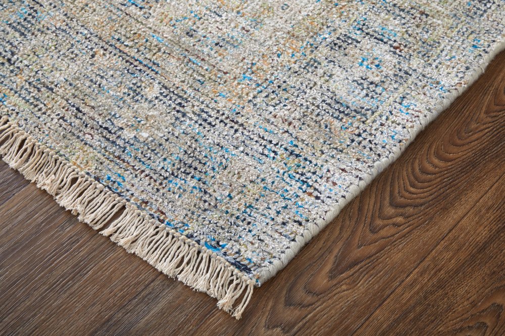 4' X 6' Gray Blue and Tan Abstract Hand Woven Distressed Area Rug With Fringe