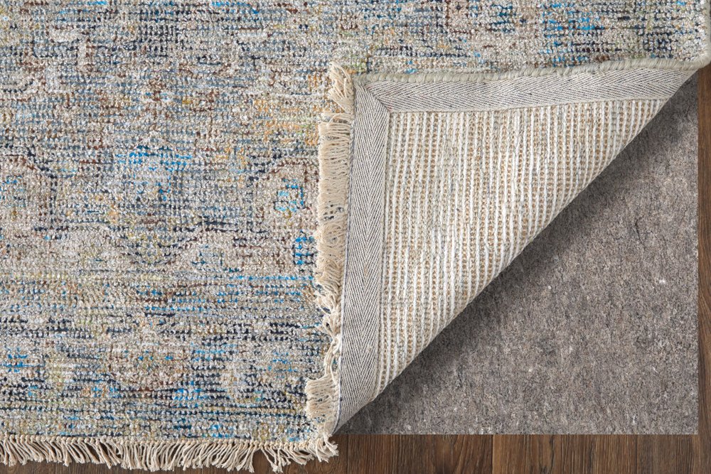 4' X 6' Gray Blue and Tan Abstract Hand Woven Distressed Area Rug With Fringe