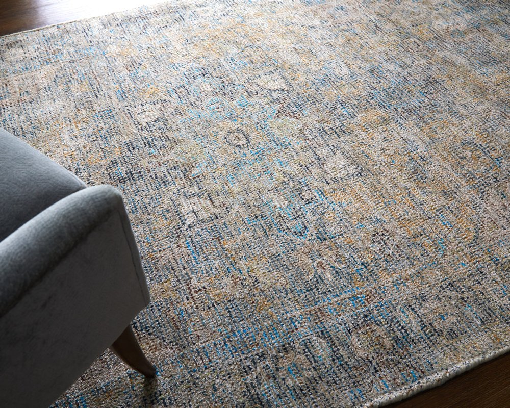4' X 6' Gray Blue and Tan Abstract Hand Woven Distressed Area Rug With Fringe
