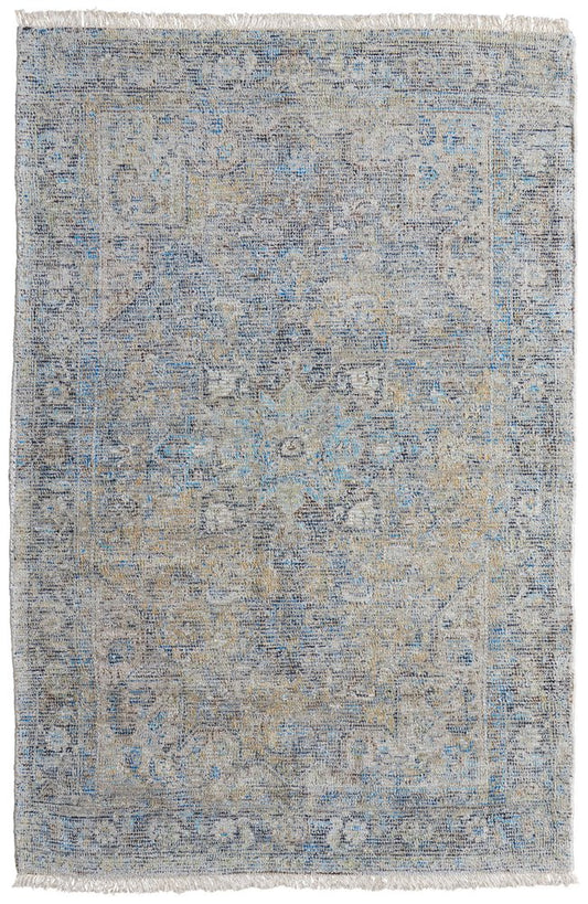 4' X 6' Gray Blue and Tan Abstract Hand Woven Distressed Area Rug With Fringe
