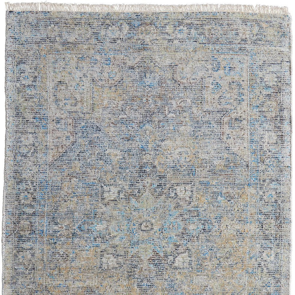 4' X 6' Gray Blue and Tan Abstract Hand Woven Distressed Area Rug With Fringe