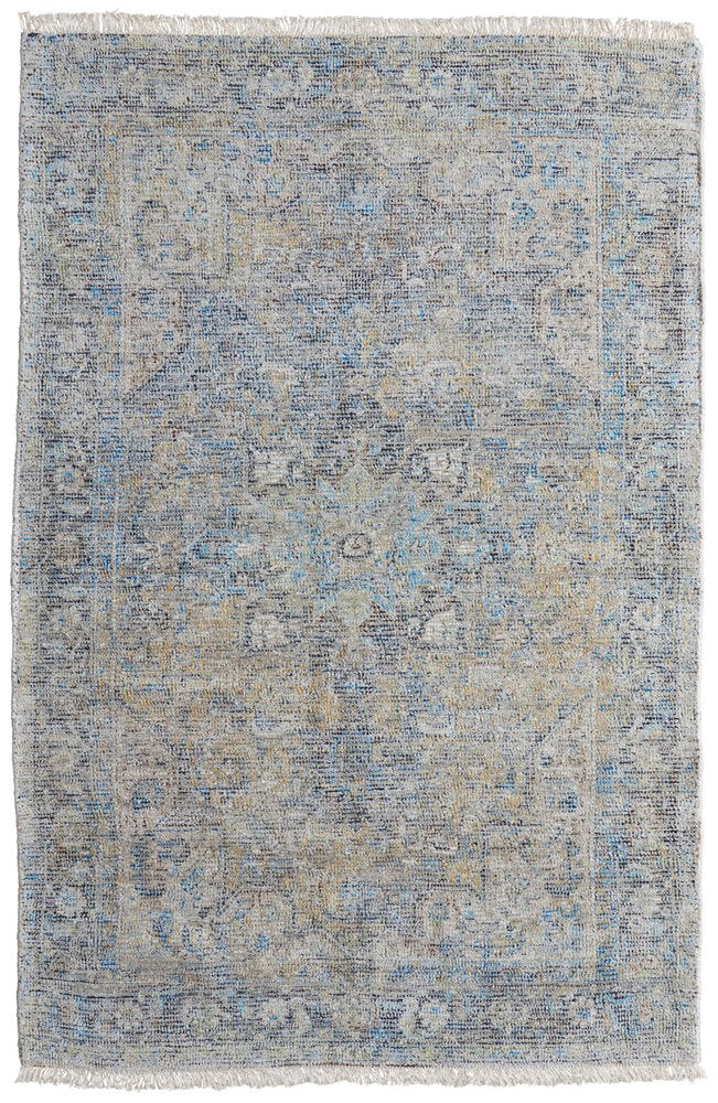 4' X 6' Gray Blue and Tan Abstract Hand Woven Distressed Area Rug With Fringe