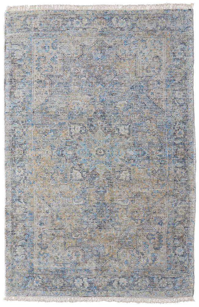 4' X 6' Gray Blue and Tan Abstract Hand Woven Distressed Area Rug With Fringe