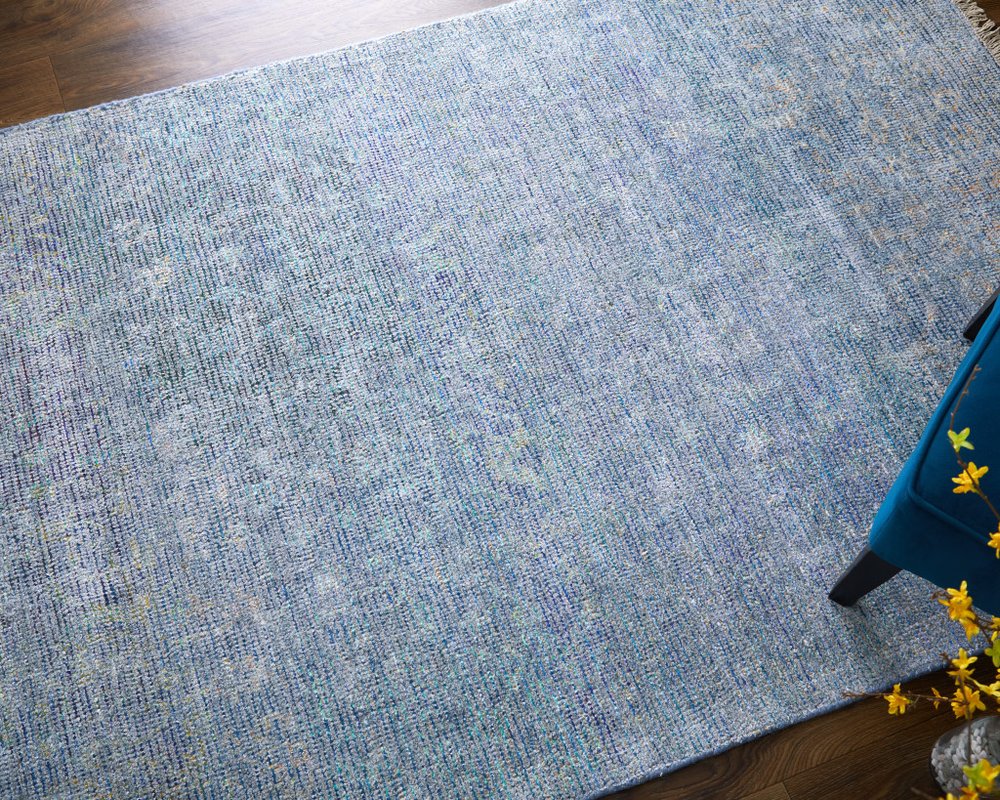 2' X 3' Blue and Gray Abstract Hand Woven Distressed Area Rug With Fringe