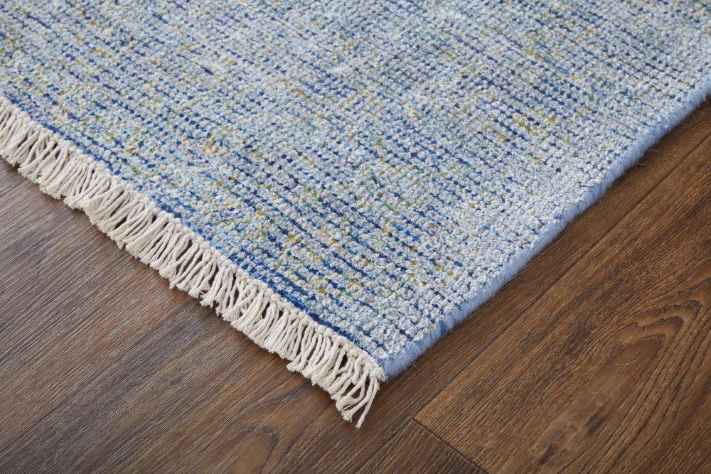 2' X 3' Blue and Gray Abstract Hand Woven Distressed Area Rug With Fringe