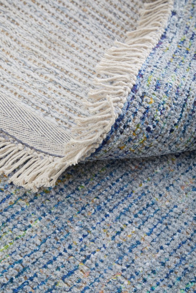 2' X 3' Blue and Gray Abstract Hand Woven Distressed Area Rug With Fringe