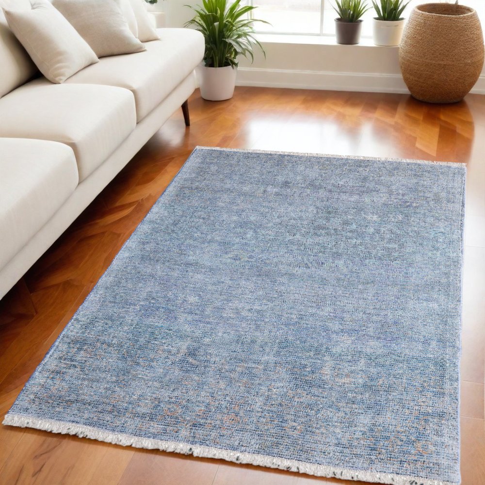 2' X 3' Blue and Gray Abstract Hand Woven Distressed Area Rug With Fringe