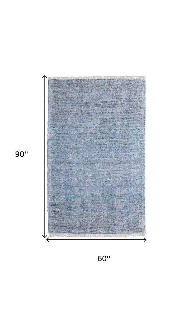 2' X 3' Blue and Gray Abstract Hand Woven Distressed Area Rug With Fringe