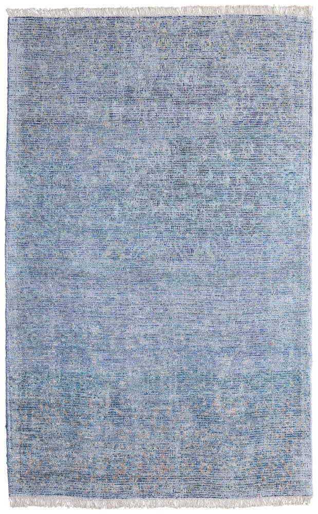 2' X 3' Blue and Gray Abstract Hand Woven Distressed Area Rug With Fringe