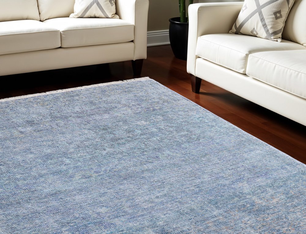 2' X 3' Blue and Gray Abstract Hand Woven Distressed Area Rug With Fringe