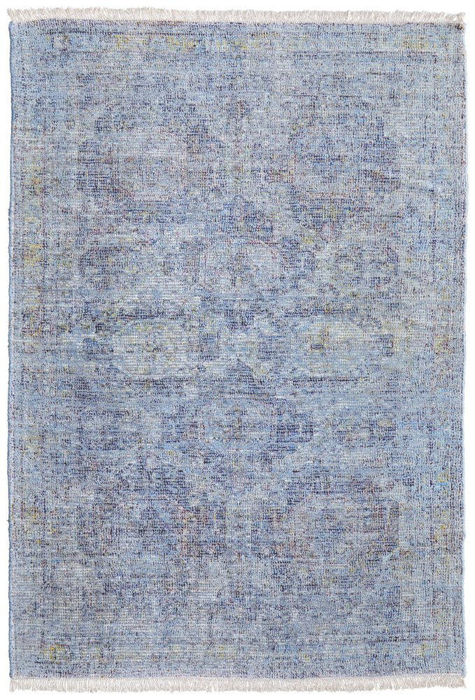 4' X 6' Blue and Ivory Abstract Hand Woven Distressed Area Rug With Fringe
