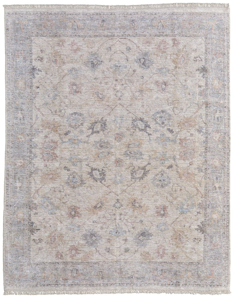 4' X 6' Ivory Tan and Blue Floral Hand Woven Distressed Area Rug With Fringe