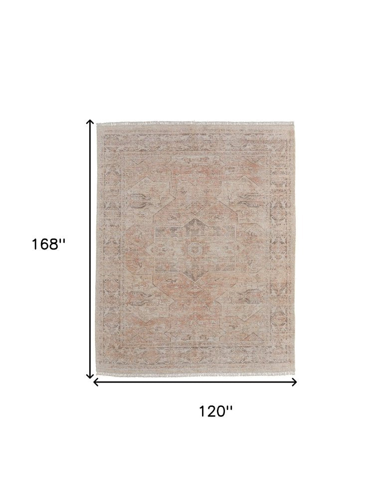 4' X 6' Tan Orange and Ivory Oriental Hand Woven Distressed Area Rug With Fringe