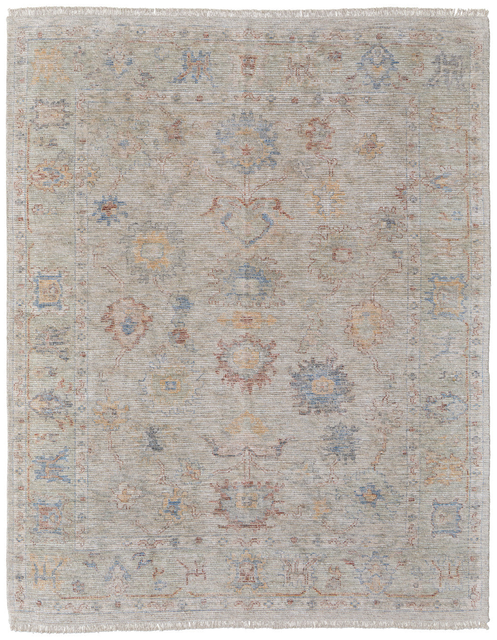 4' X 6' Tan Brown and Blue Floral Hand Woven Distressed Area Rug With Fringe