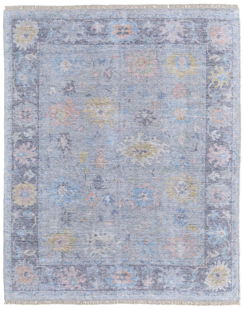 4' X 6' Orange Blue and Gold Floral Hand Woven Distressed Area Rug With Fringe