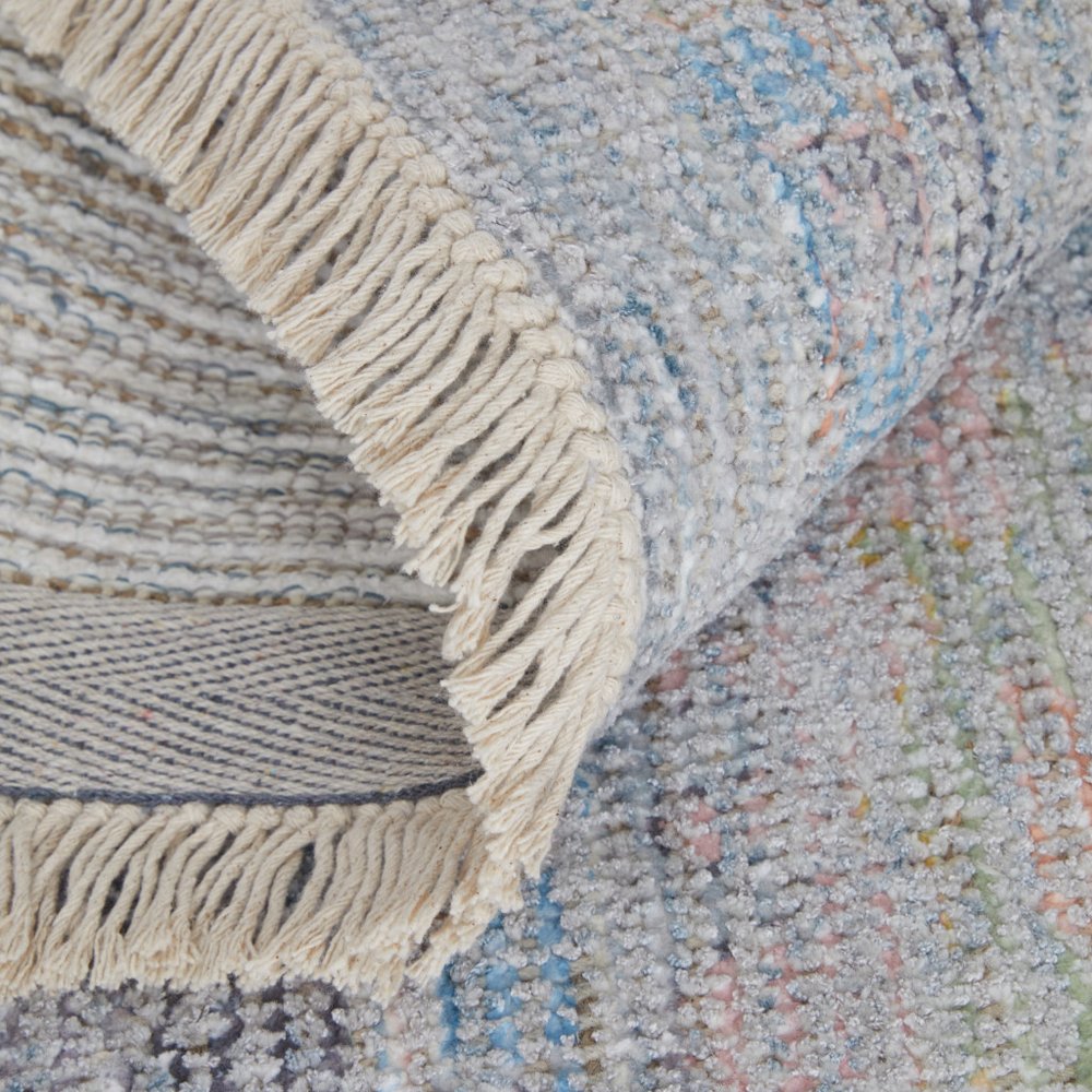 4' X 6' Orange Blue and Gold Floral Hand Woven Distressed Area Rug With Fringe