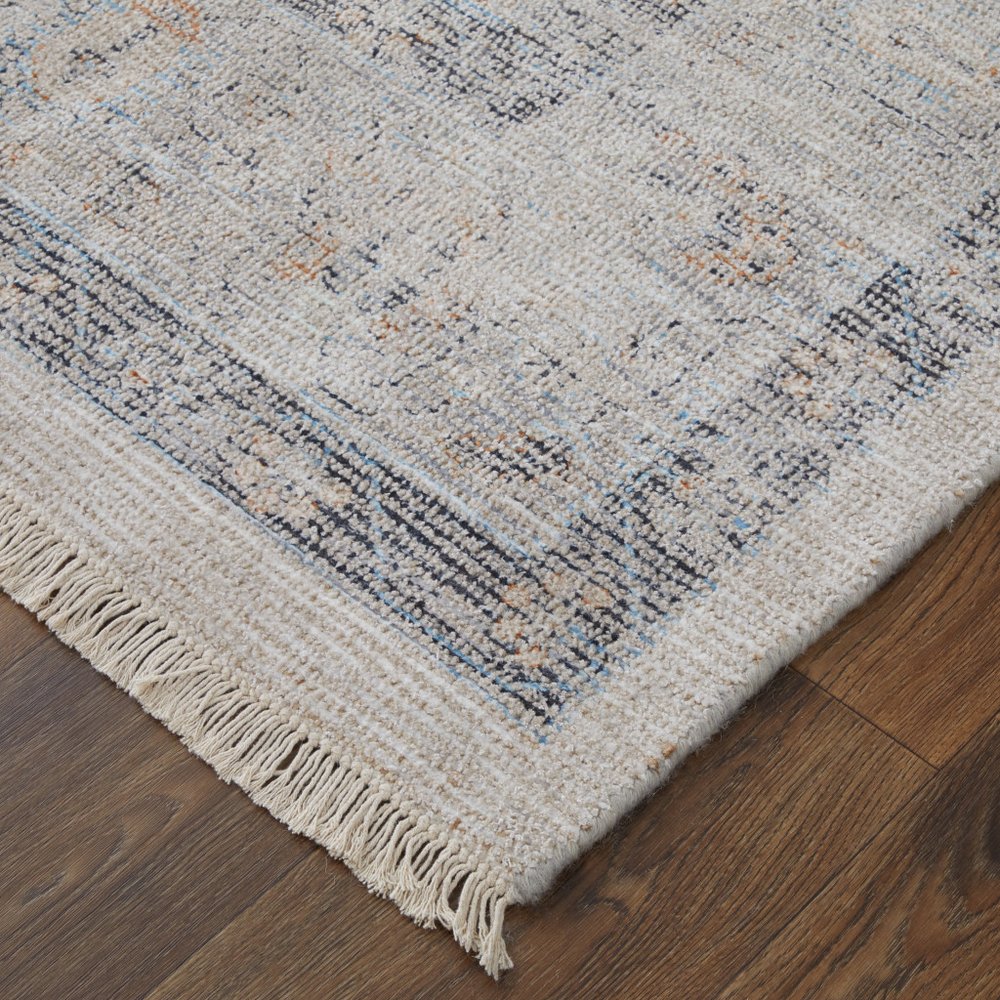 4' X 6' Ivory Blue and Orange Oriental Hand Woven Distressed Area Rug With Fringe