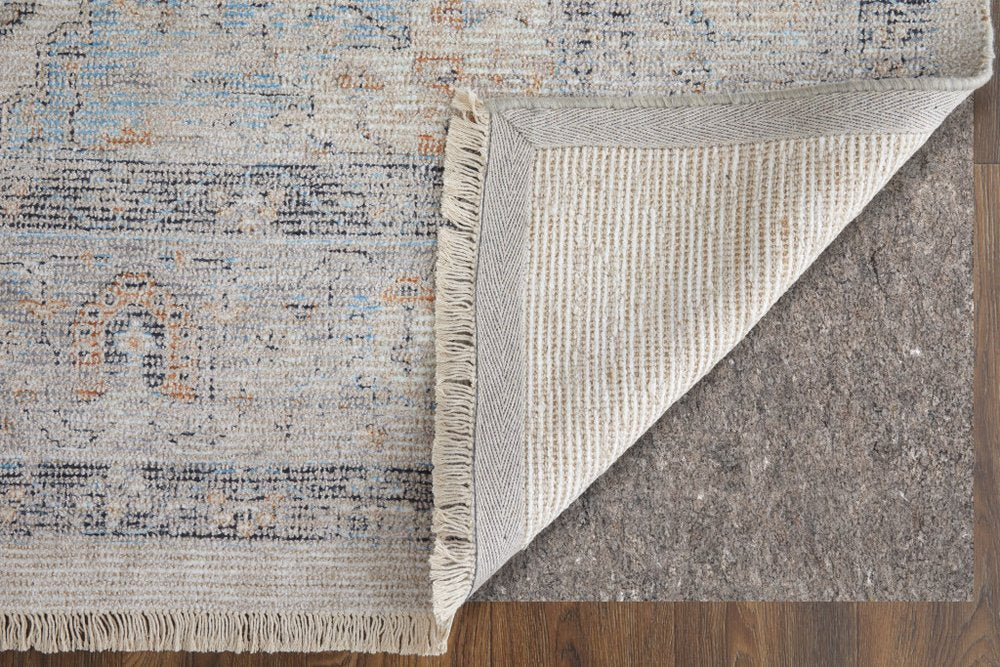 4' X 6' Ivory Blue and Orange Oriental Hand Woven Distressed Area Rug With Fringe