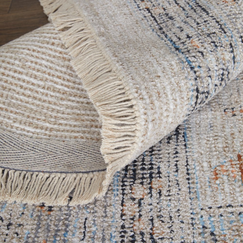 4' X 6' Ivory Blue and Orange Oriental Hand Woven Distressed Area Rug With Fringe