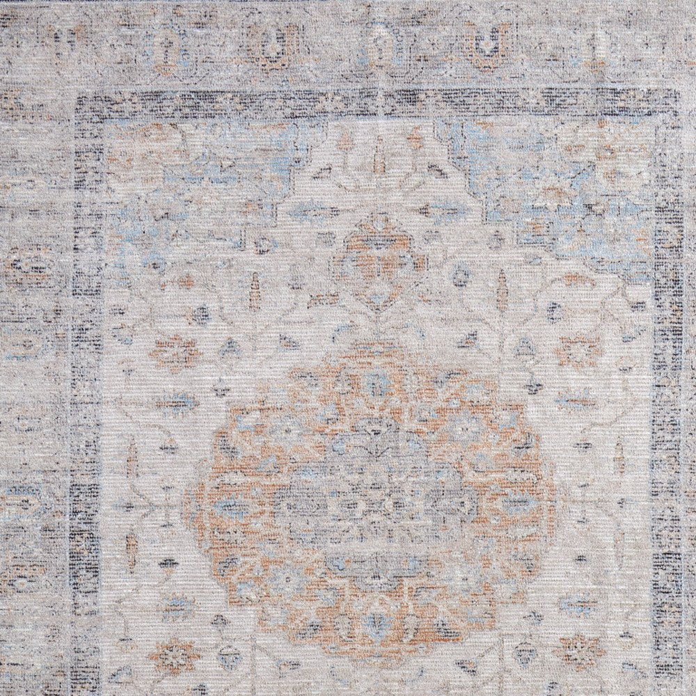 4' X 6' Ivory Blue and Orange Oriental Hand Woven Distressed Area Rug With Fringe