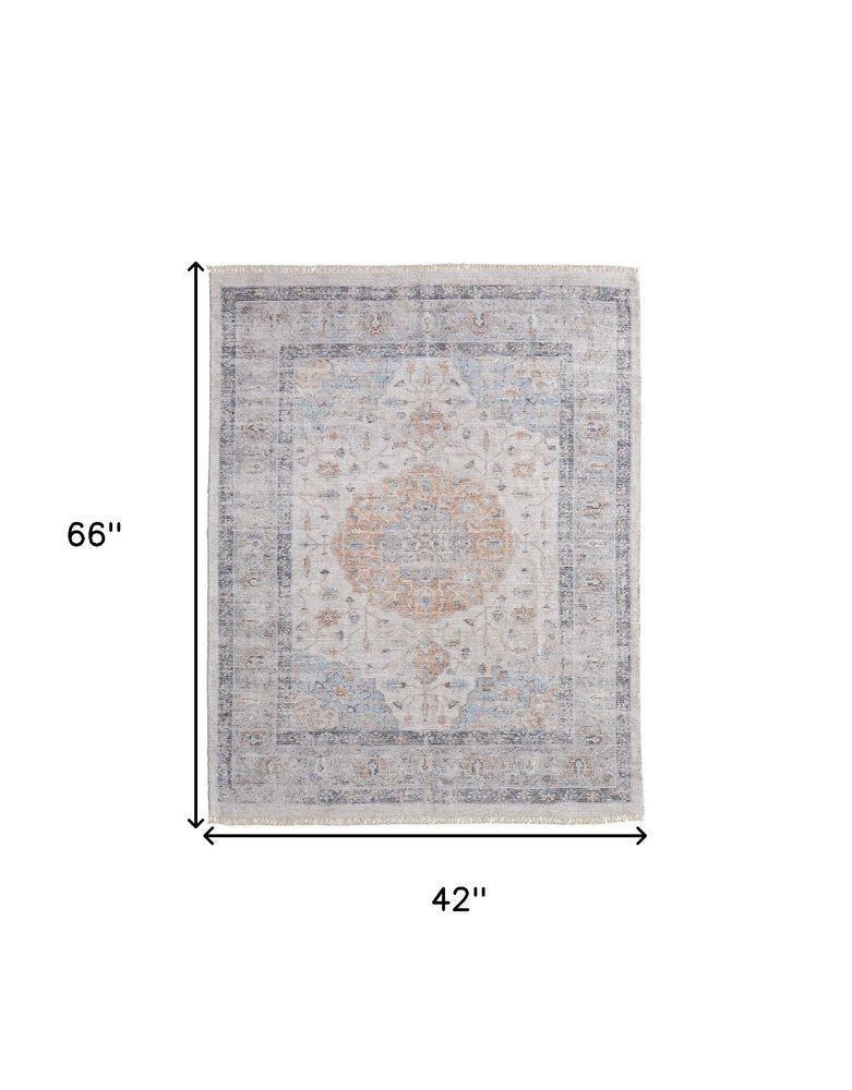 4' X 6' Ivory Blue and Orange Oriental Hand Woven Distressed Area Rug With Fringe
