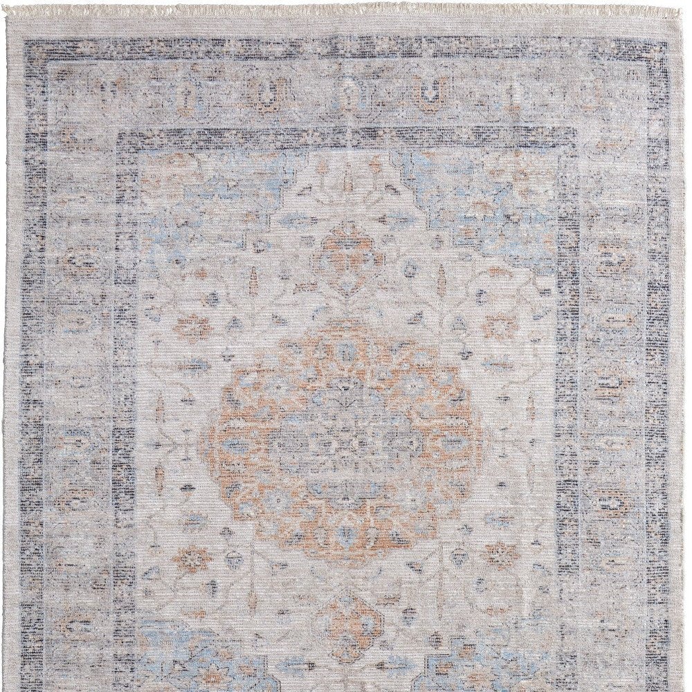 4' X 6' Ivory Blue and Orange Oriental Hand Woven Distressed Area Rug With Fringe