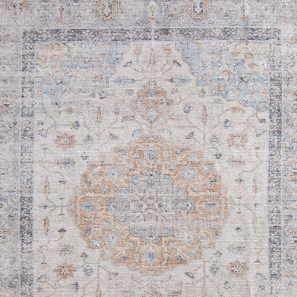 4' X 6' Ivory Blue and Orange Oriental Hand Woven Distressed Area Rug With Fringe