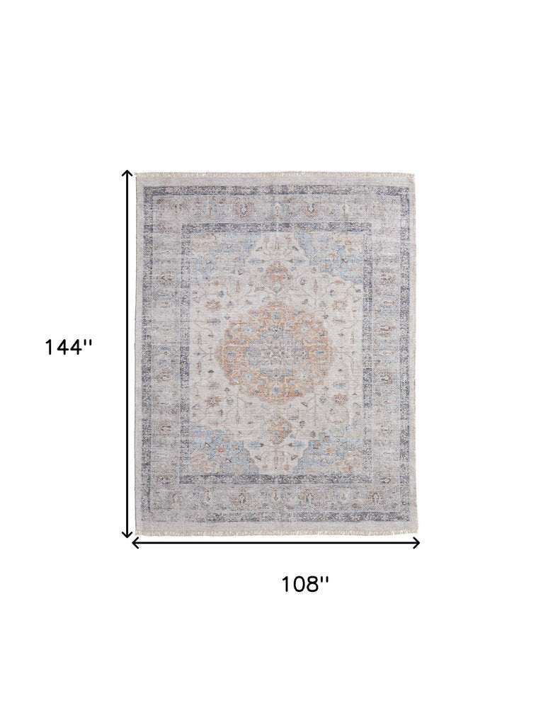 4' X 6' Ivory Blue and Orange Oriental Hand Woven Distressed Area Rug With Fringe